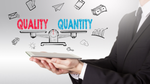 A conceptual graphic showing a scale balancing Quality versus Quantity, representing the importance of attracting high-value chiropractic patients over cheap leads.