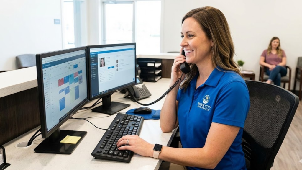 Chiropractic receptionist smiling while managing patient appointments and reactivation calls on a computer.