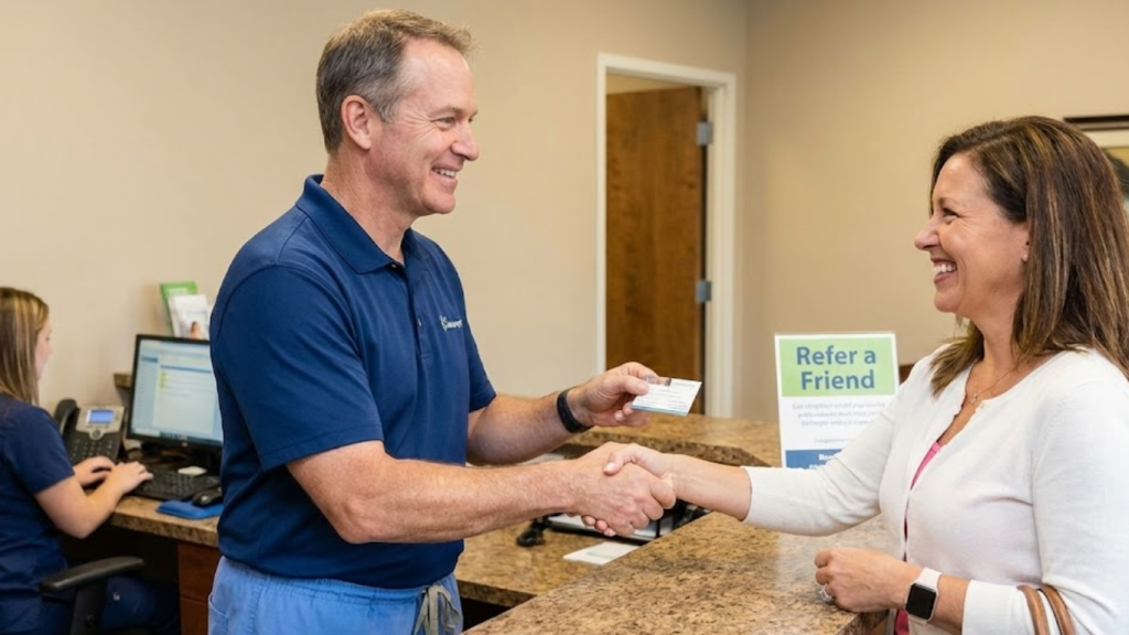 hiropractor handing a referral card to a smiling patient at the front desk after a successful adjustment